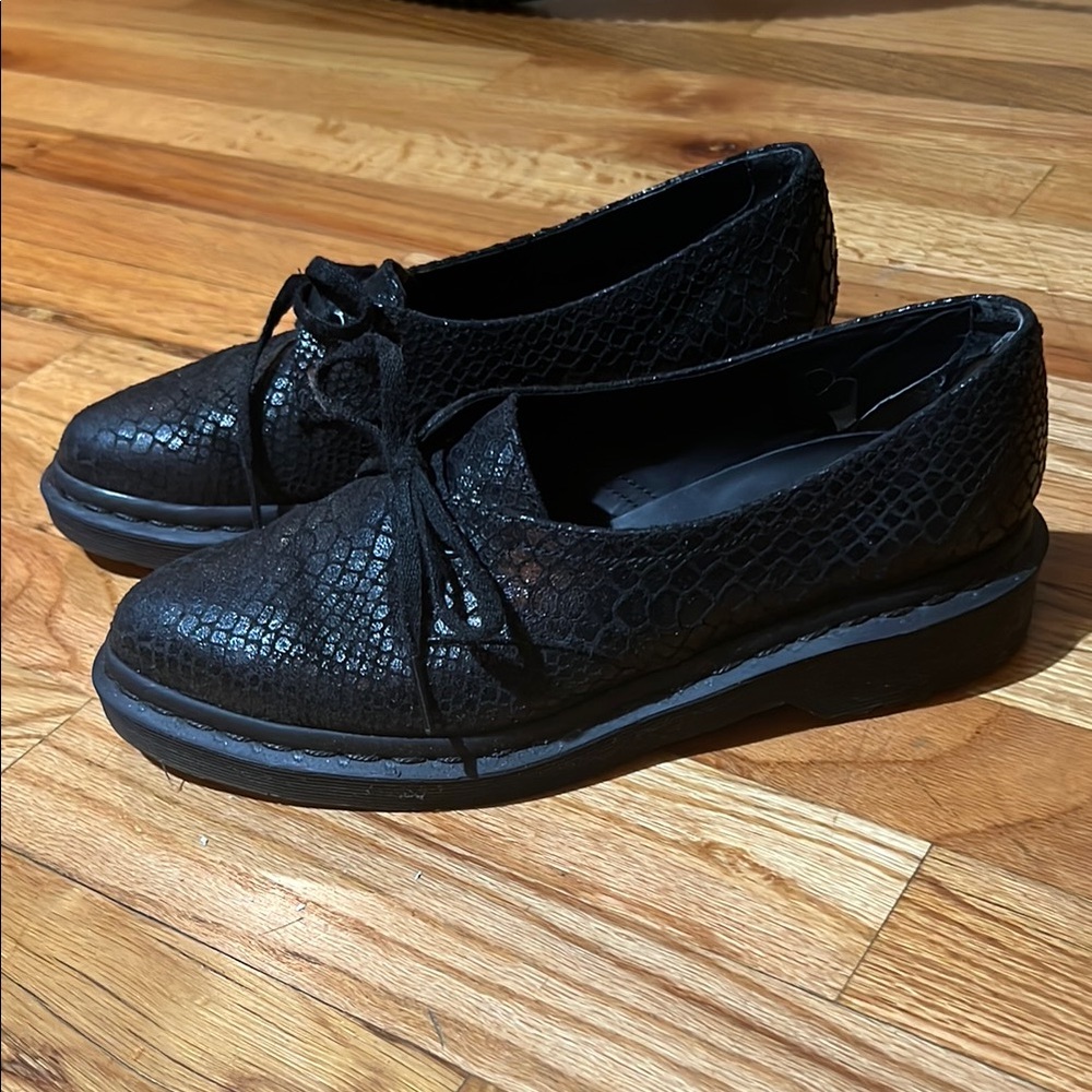 Dr. Martens Women's Textured Snake Skin Metallic Black Loafers